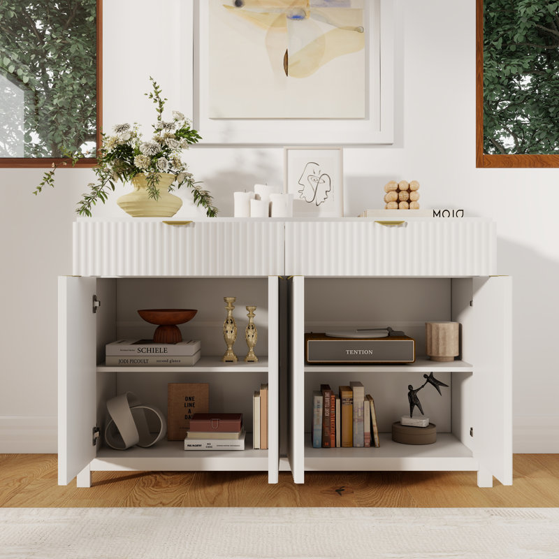 Wood Storage Sideboard With Wave-Pattern Doors,55'',Adjustable Shelves And Drawers,Modern Luxe Style, White