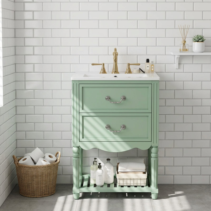 Meuble-lavabo de salle de bain avec lavabo en céramique, armoire à design rétro avec deux tiroirs à fermeture en douceur et tablette ouverte