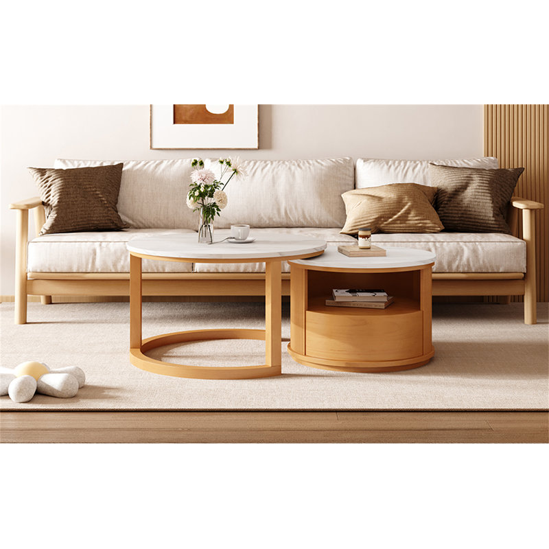 Table basse ronde emboîtable avec plateau en marbre blanc (table incluse seulement)