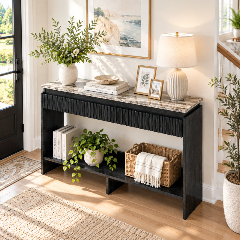 Console cannelée moderne avec tiroir, table d'entrée étroite de 117 cm (46 po) avec plateau en faux marbre, étagère de rangement et design mince pour salon ou couloir.