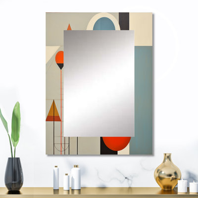 Serendipity abstrait Mid-Century Geometrics I - miroir décoratif moderne Mid-Century, grand miroir mural bleu, impression d'art en métal