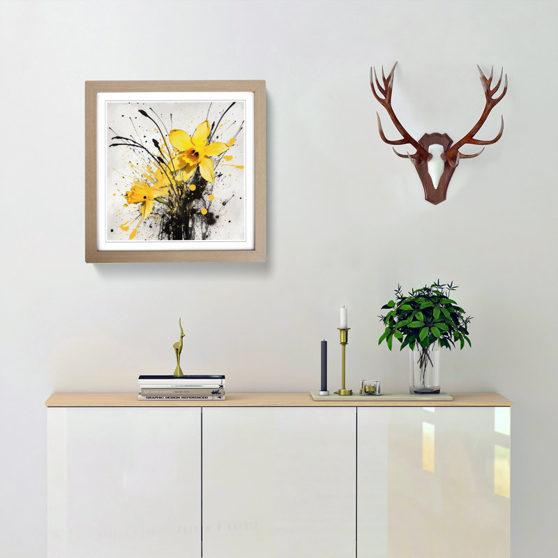 Daffodil Splatter - Single Picture Frame Print on Wood, Oak