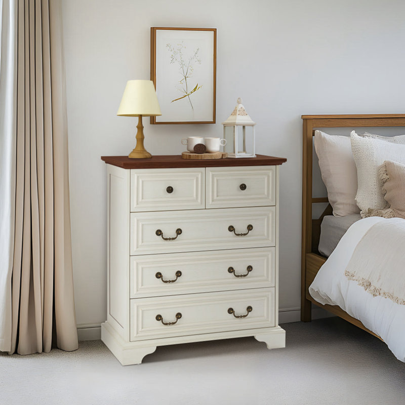 Commode 5 tiroirs pour chambre à coucher, Blanc