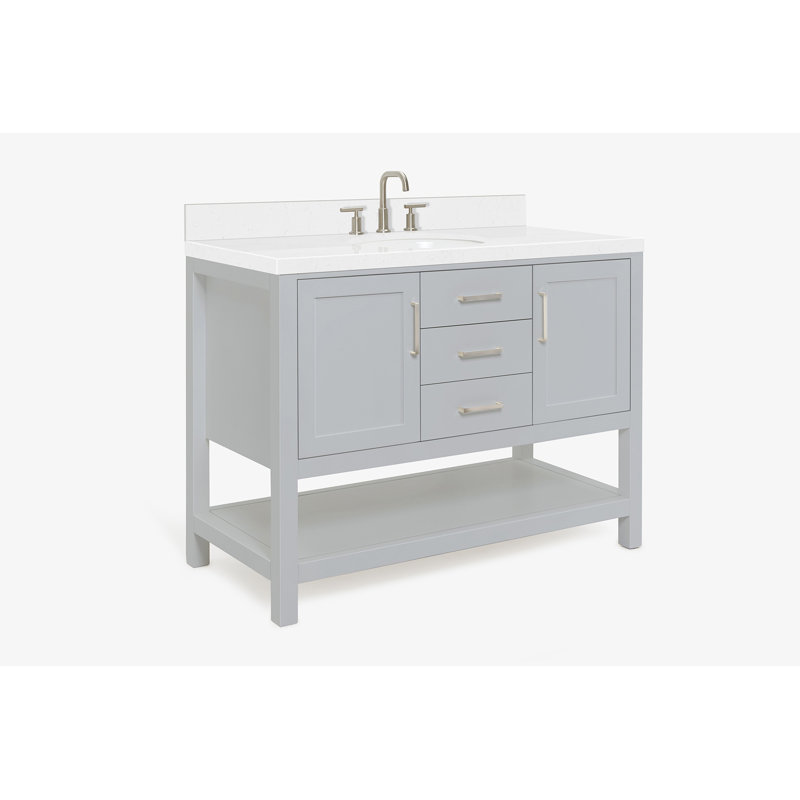 Meuble-lavabo simple gris ARIEL de 48 po avec plateau en quartz blanc Carrara et lavabo ovale, Oval, Gris