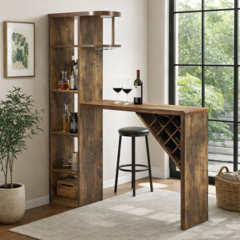 Table de bar avec armoire à vin, support à verres à pied à 5 tablettes, brun rustique 73 po