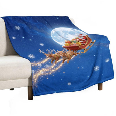 Jeté de père Noël volant en traîneau avec renne sous la lune, flanelle de luxe, couverture douce et chaude pour le canapé-lit du salon
