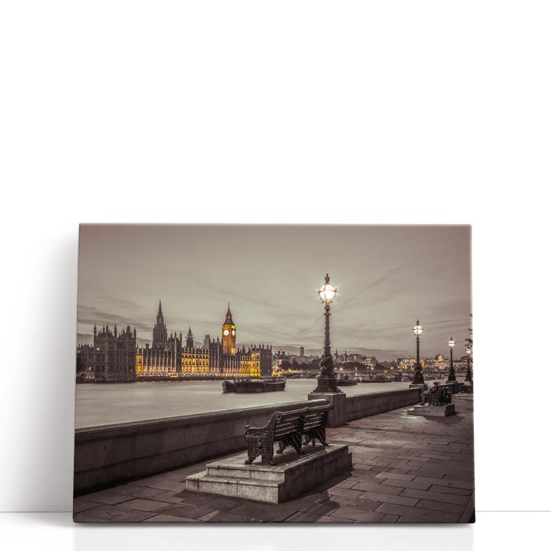 Benches By The Walkway Next To The River Thames, London - Canvas Print Wall Art, 45" H x 60" W