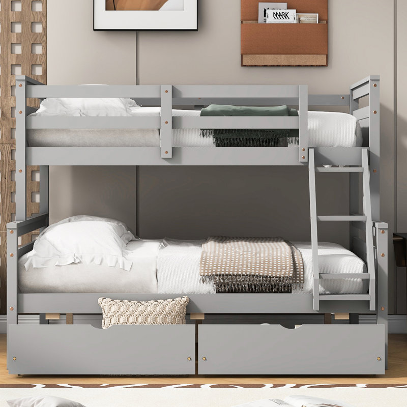 Lit superposé simple au-dessus d'un lit double, finition grise, avec tiroirs de sécurité et de rangement gris, pratique, Gris