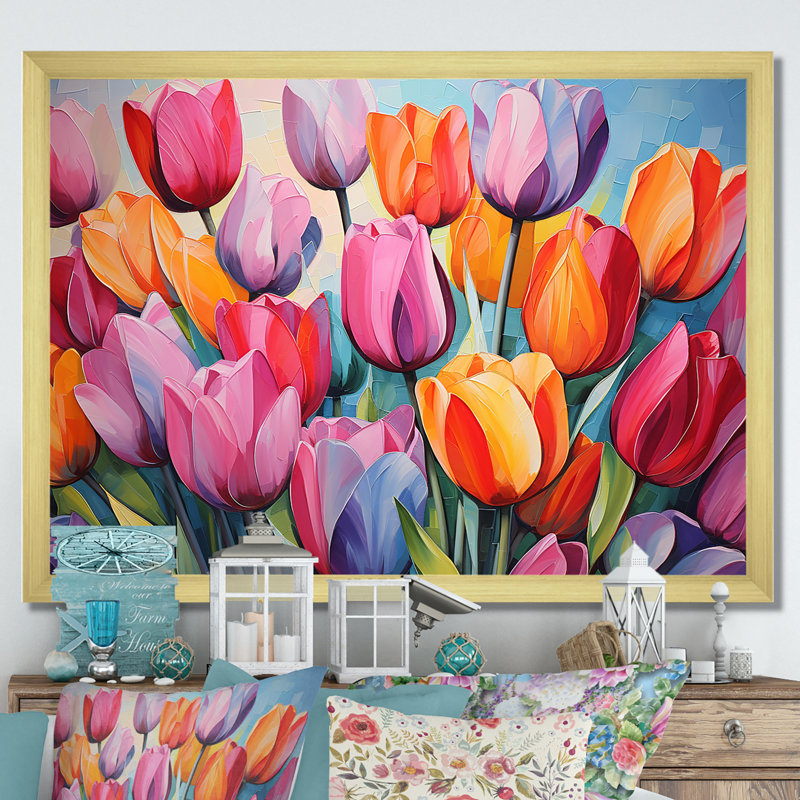 Painted Multicolor Tulips Collage II On Canvas Print, 24" H x 32" W x 1" D, Gold Single Picture Framed