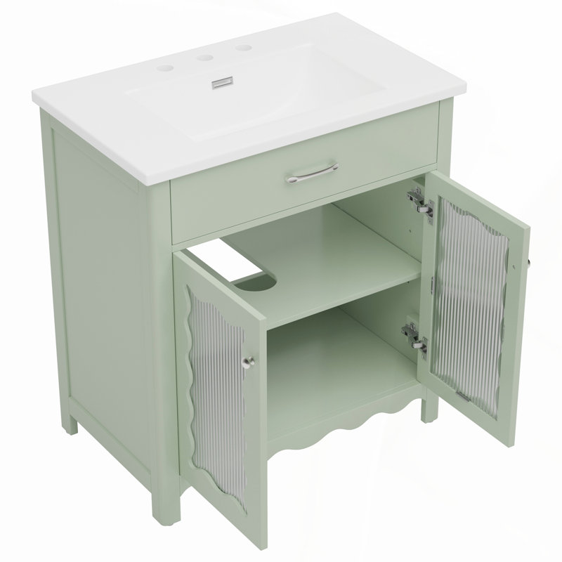 Meuble-lavabo en verre trempé de 31 pouces avec lavabo en céramique durable et tablettes réglables, parfait pour les salles de bain modernes