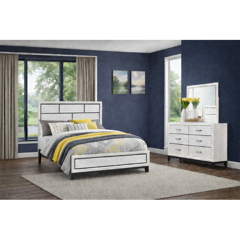 Modern Panel Bedroom Set in Chalk Finish, 4 Piece, Queen