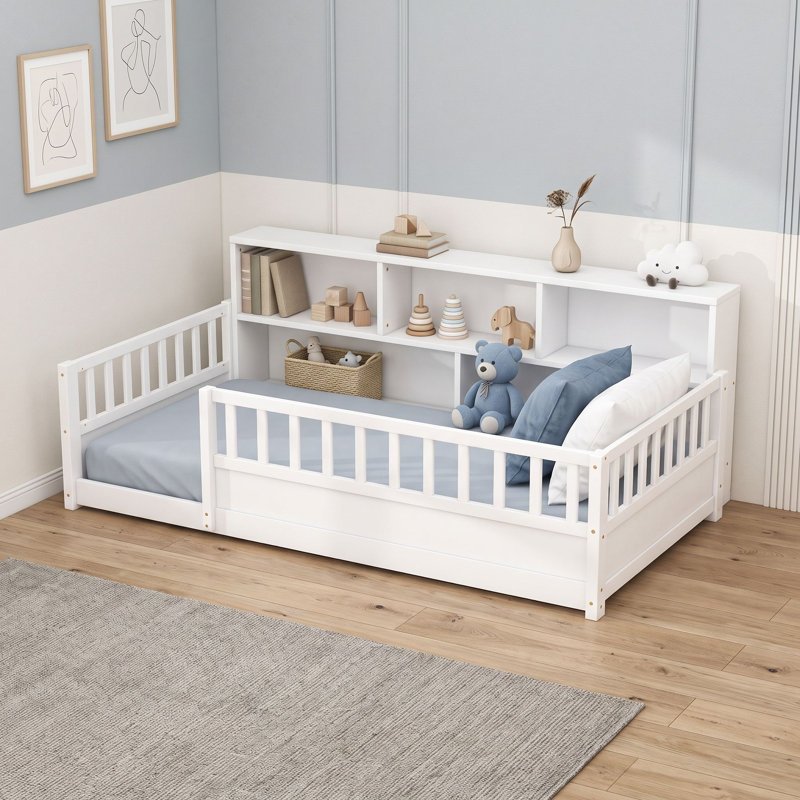 Lit en bois avec tablettes de rangement, Twin, Blanc