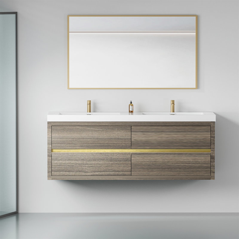 60" Wall-Mounted Bathroom Vanity With Double Sinks, Gray Ash