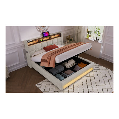Grand lit plateforme tapissier avec rangement hydraulique, éclairage à DEL RVB et ports de charge USB, tissu en lin naturel