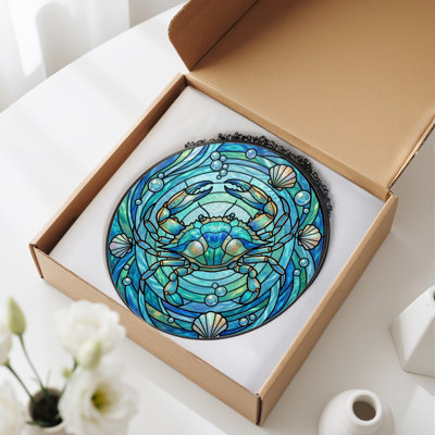 Ocean Crab Stained Glass Window Panel，7.8H