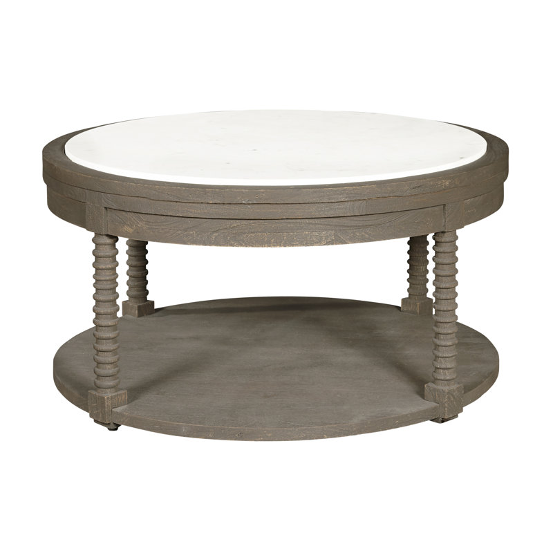Round Brown Wood Cocktail Table with Marble Top