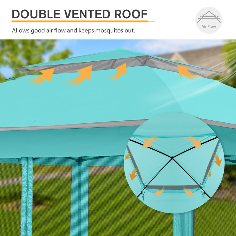 11 Ft. W x 11 Ft. D Outdoor Pop Up Soft Top Steel Patio Gazebo with Netting, Turquoise Blue