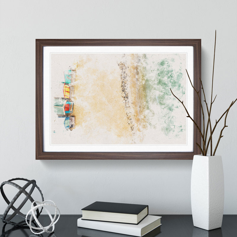 Beach Huts on Brighton Beach Watercolour - Picture Frame Graphic Art Print, 40cm H x 60cm W x 2cm D, Walnut Framed