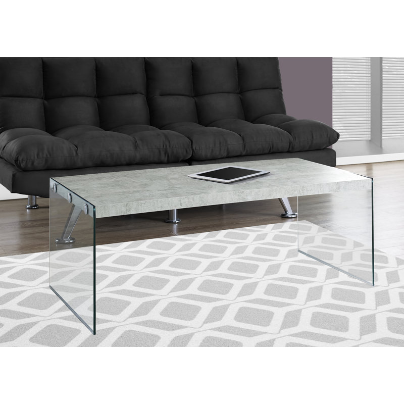 Table basse Hulo, panneaux latéraux en verre transparent, plateau en bois gris de 44 po, Ciment gris