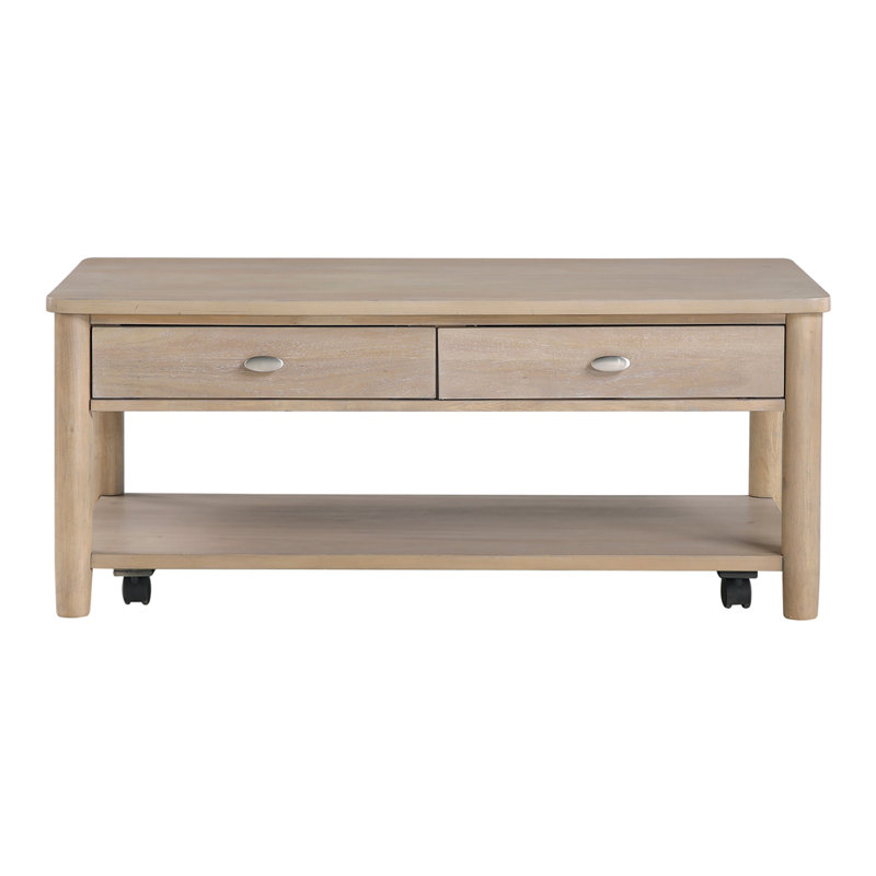 Table basse élégante à finition naturelle avec deux tiroirs et une tablette ouverte