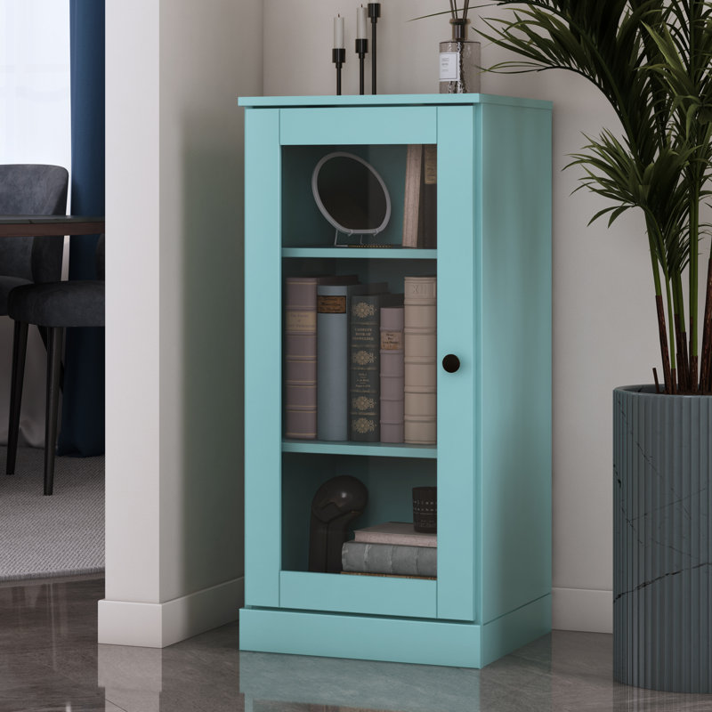 Bibliothèque 100% bois massif à 3 tablettes avec porte en verre transparent et tablettes réglables, Turquoise