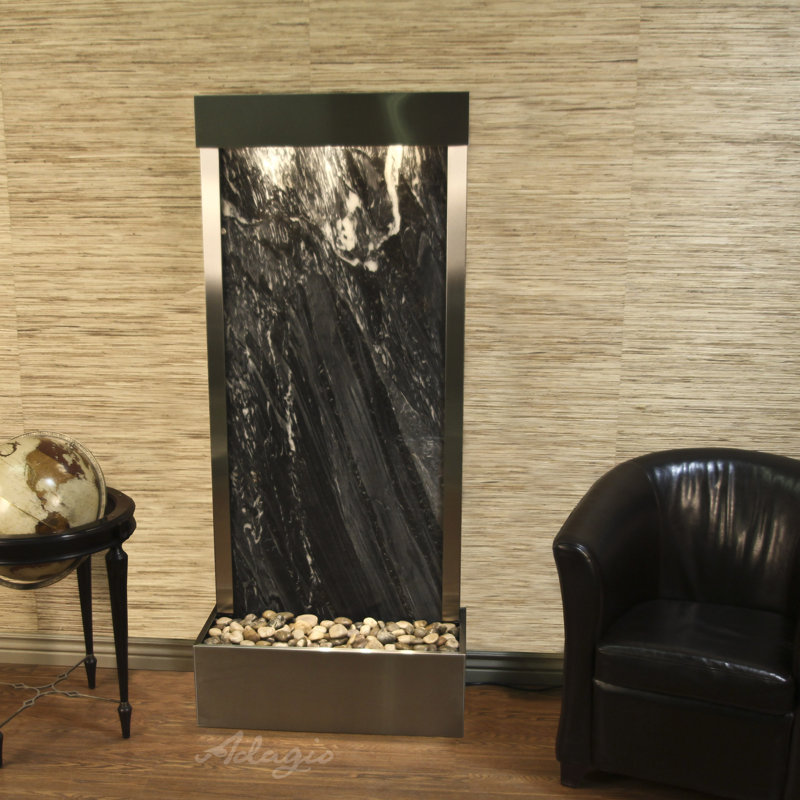 Harmony River Acrylic Waterfall Fountain with Light, Black Spider Marble, Stainless Steel