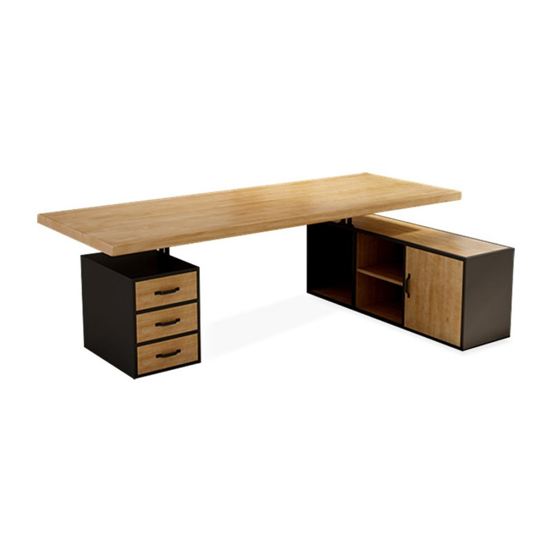 Bureau Burlywood + bois rectangulaire noir + fer avec bureau à 3 tiroirs, H 29,53 po x l 78,74 po x P 55,12 po