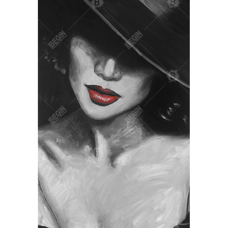Mysterious Red Lips Lady - Black & White Canvas Art Decor