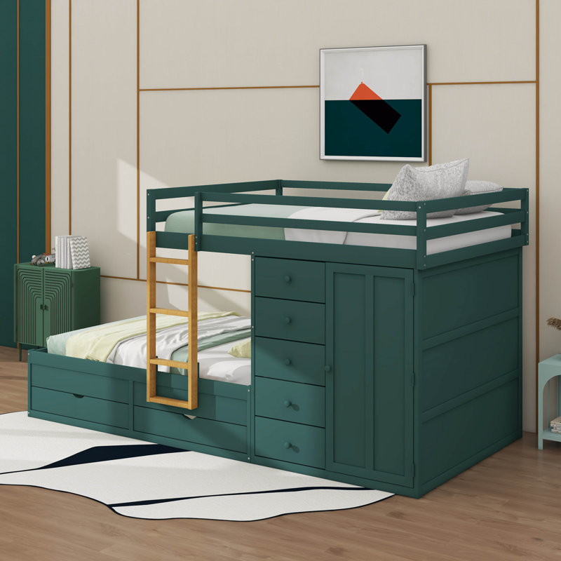 Lit superposé avec tiroirs de rangement et garde-robe, structure de lit superposé en bois avec échelle et garde-corps