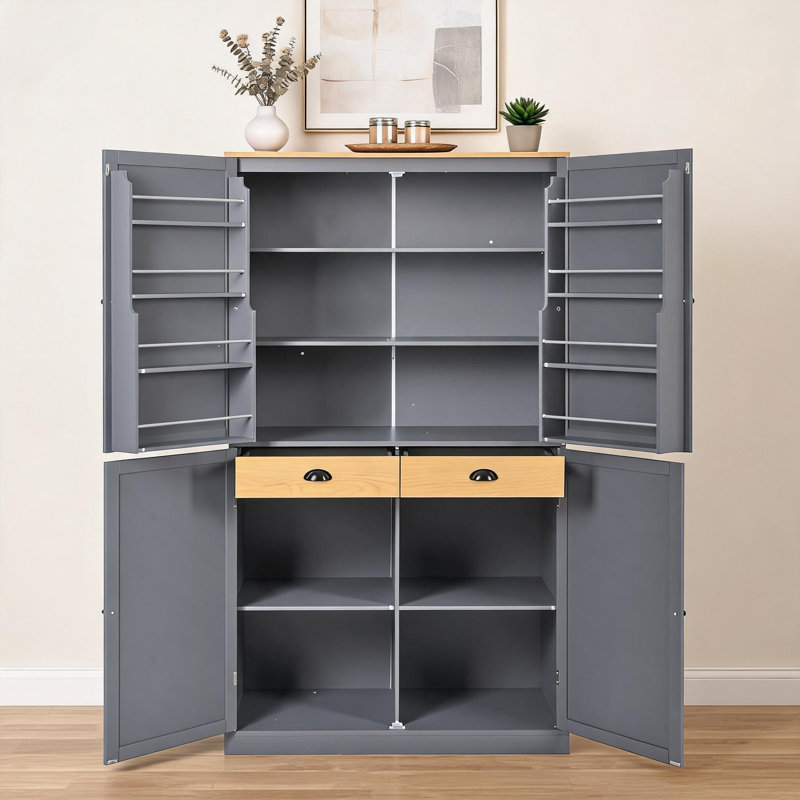 Simple armoire de plancher grise équipée de deux tiroirs, de deux planches réglables et de huit tablettes de porte, parfaites pour la cuisine à domicile