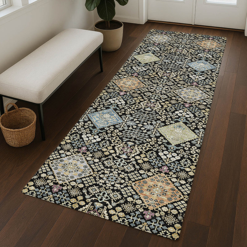 Machine Washable Indoor/Outdoor Chantille ACN2440 Traditional Rug, 2'3" x 7'6" Runner, Black