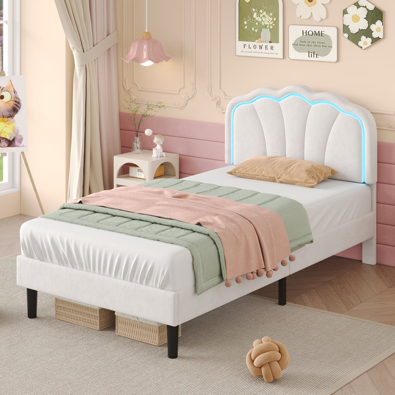 Upholstered Bed With Adjustable Headboard Velvet, White, Single (3')