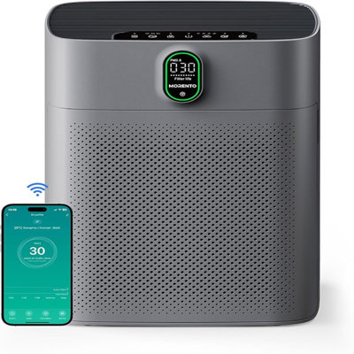 Purificateur d'air intelligent Morento pour les grandes pièces domestiques jusqu'à 1076 pi², compatible Wi-Fi et Alexa, affichage de la qualité de l'air PM2,5, mode automatique, mode silencieux 24Db, filtre HEPA pour éliminer la poussière, le pollen et la fumée (gris)