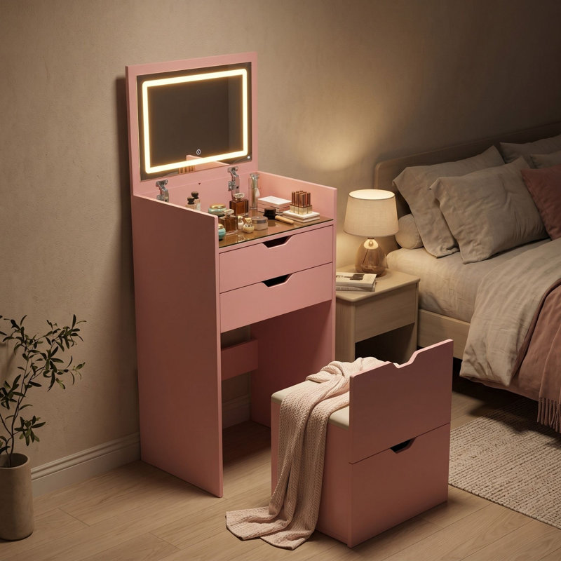 Coiffeuse 3 en 1 avec miroir rabattable et lumières, bureau de maquillage compact avec tabouret caché et tiroirs de rangement, rose