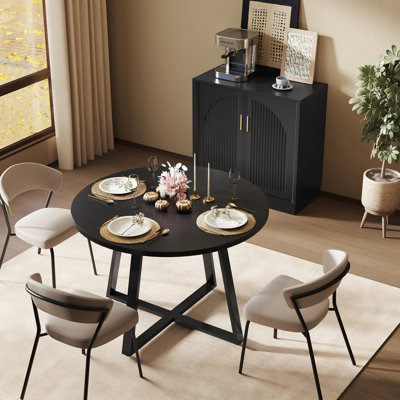 Extendable Dining Table With Sideboard Buffet Cabinet, 2-Piece Modern Kitchen Dining Furniture Combo For Dining Room, Round Black Wood Kitchen Table