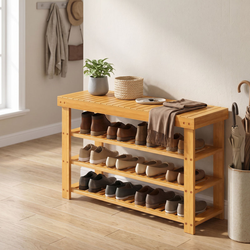 Banc de rangement à chaussures en bambou à 4 niveaux, Jaune