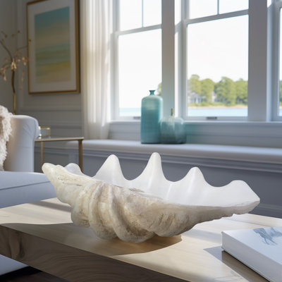 Bequette Resin Polyresin Coastal Decorative Clam Shell Bowl with Sculptural Wavy Rim - Elegant Modern Accent Bowl for Display or Storage - Stylish Textured Centerpiece for Home Decor