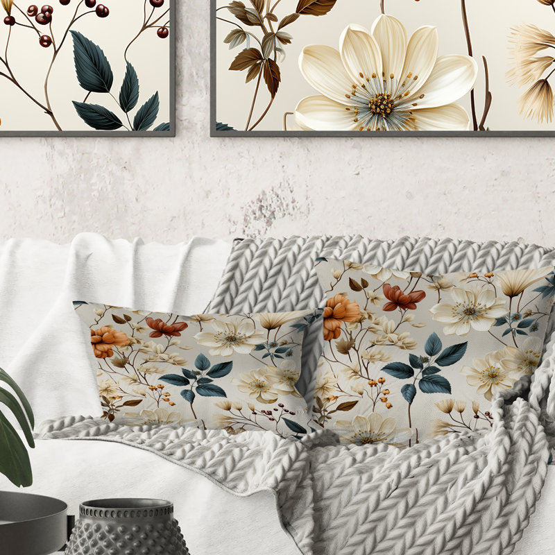 Autumn Orange And White Cottage Flowers - Floral Printed Throw Pillow, 16"H x 16"W
