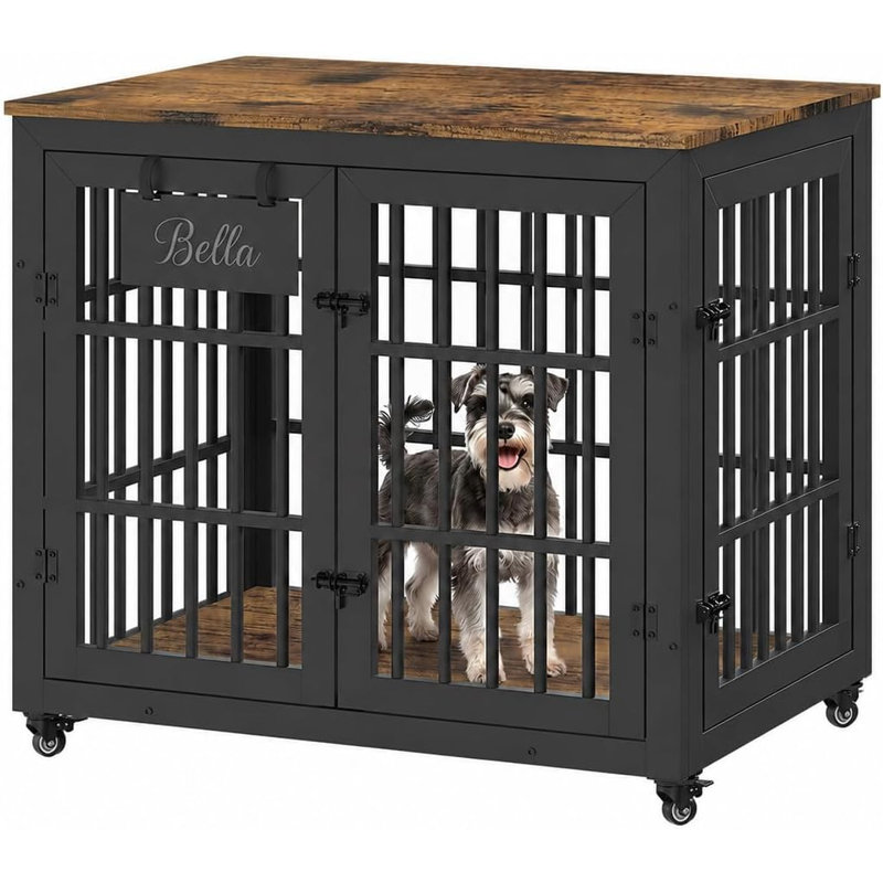 Table d'appoint moderne en forme de niche pour animaux, avec roulettes verrouillables, loquets de sécurité et structure robuste en bois et en métal pour un rangement mobile sécurisé.