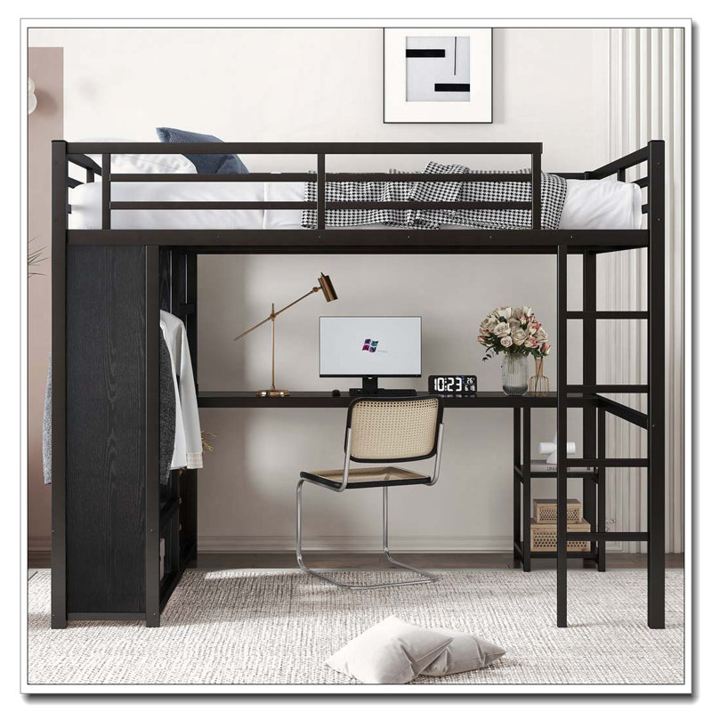 Loft Bed Frame with Built-in Wardrobe, Desk and Storage Shelves, Full