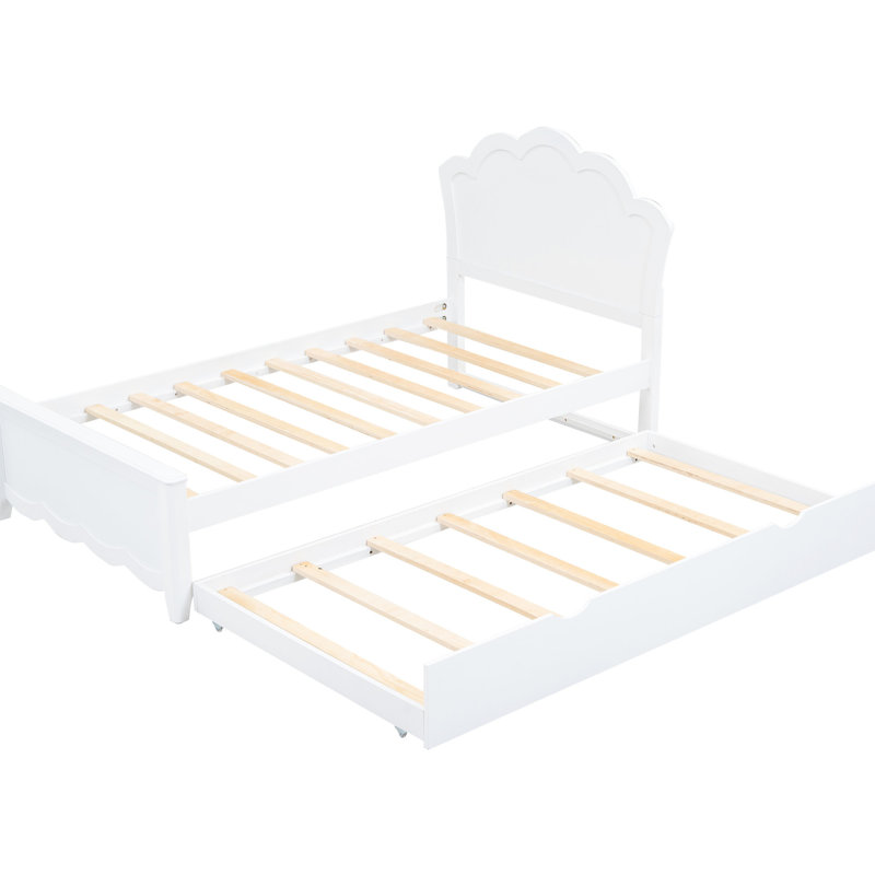 White Twin Size Wood Bed With Headboard And Efficient Trundle Platform Magnificent Space,, Twin