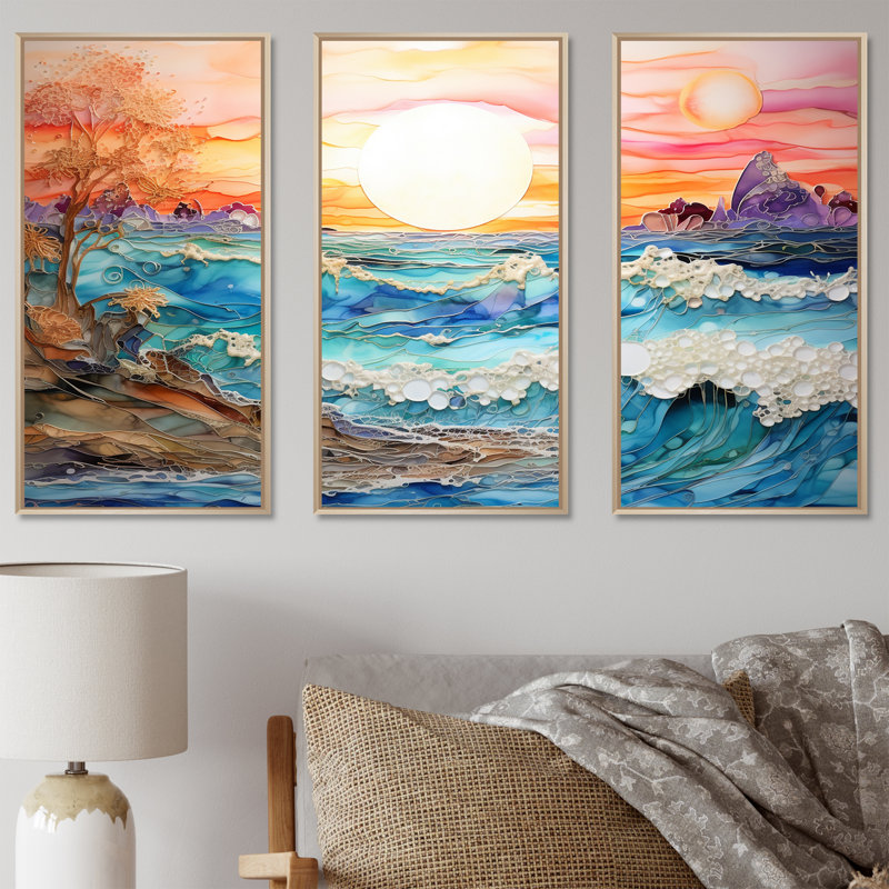 Ensemble de salon Rainbow Ocean Sunrise - art mural océan, Cadre naturel flottant, H 40 po x l 60 po x P 1 po