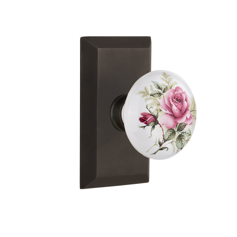 Plaque de studio avec poignée de porte en porcelaine blanche, Bronze frotté à l'huile, 2-3/4"
