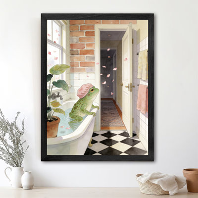 Black Framed Vintage Funny Frog Shower : Whimsical Bathroom Wall Art Watercolor Style Framed Prints