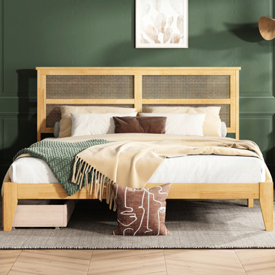 King Size Bed With Enchanting Headboard And Two Efficient Storage Facilities Drawers Woven Compartments