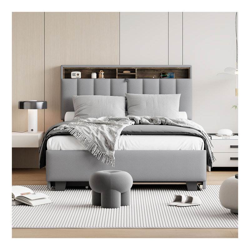 Lit plateforme tapissier double avec tête de lit, lit gigogne simple, 2 tiroirs et un ensemble de prises et ports USB, tissu en lin, gris