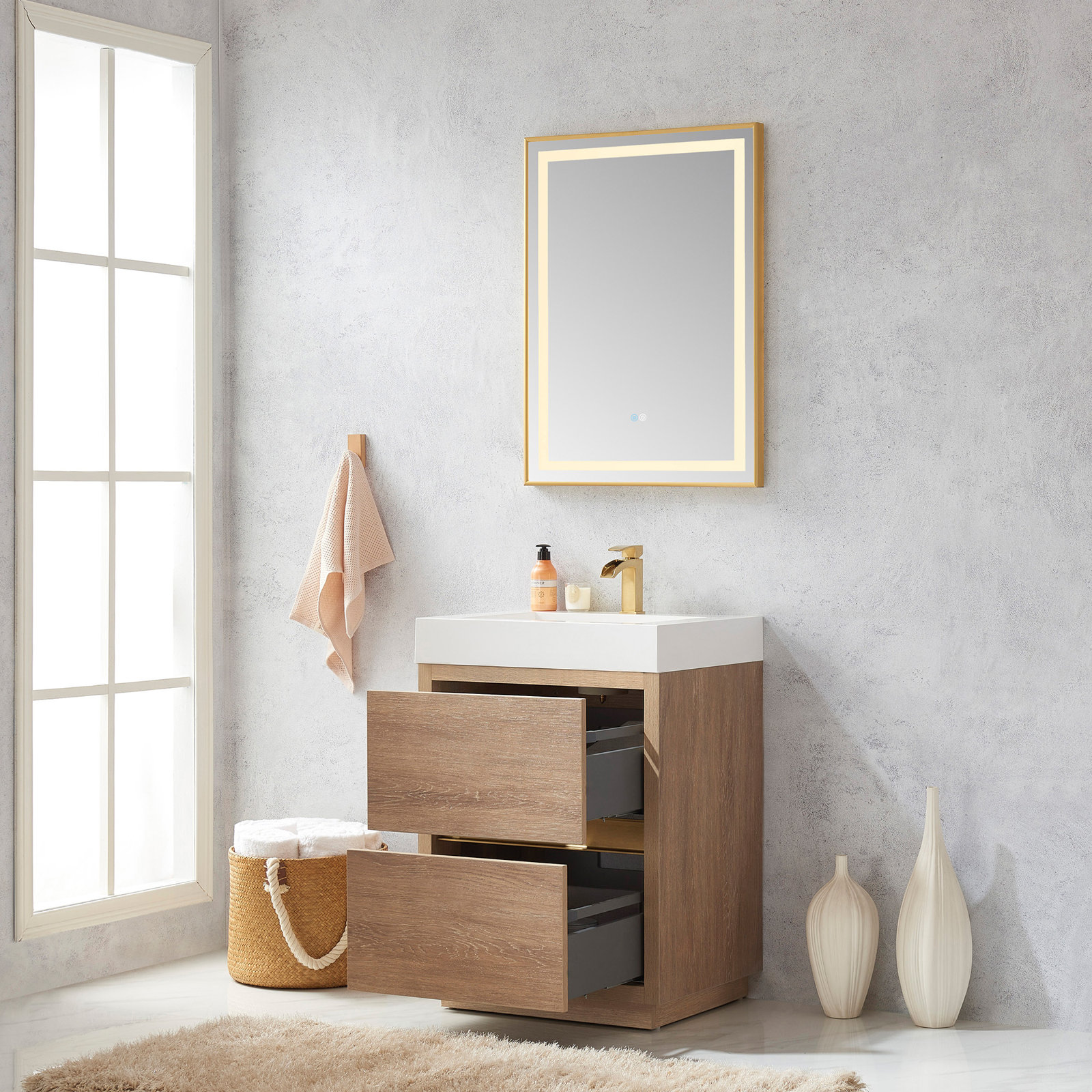Beira 24'' Single Bathroom Vanity, North American Oak, White