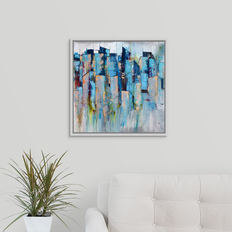 « centre-de-mémoire », peinture sur toile, H 37,7 po x l 37,7 po x p 1,75 po, Cadre flottant blanc
