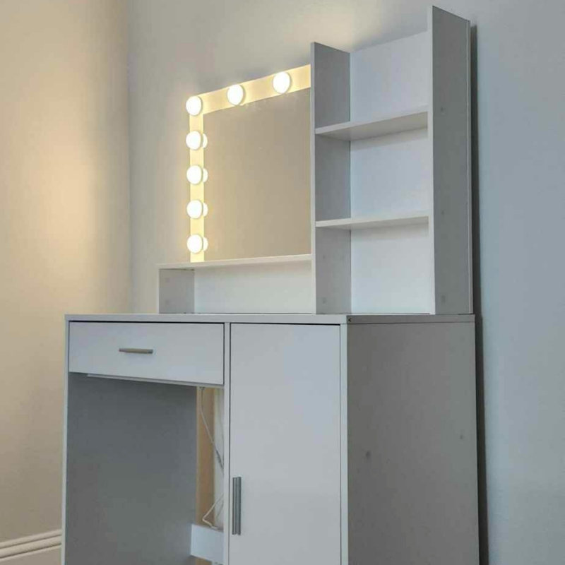 Vanity Desk With Mirror & Light, Large Drawer Three Level Storage, Adjustable Brightness For Makeup And Skincare, White