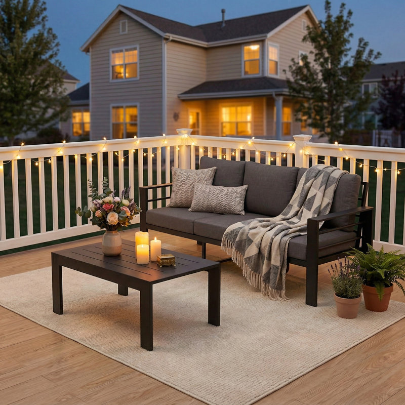 All-Aluminum Outdoor Furniture Set, 3-Person Patio Seating Group, 2-Piece Conversation Set with Thick Cushions and Coffee Table ( Dark Grey Cushions)